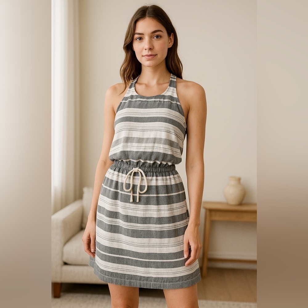 Lou & Grey Gray Striped Blouson Tank Dress XS Drawstring Waist Pockets Coastal
